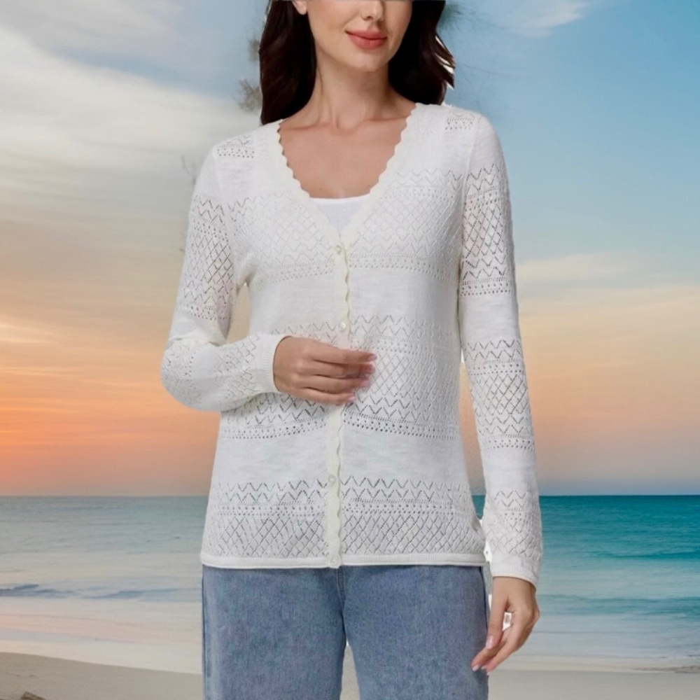 Frye Women's Button Front Cotton Pointelle Cardigan Sweater, Ivory Large